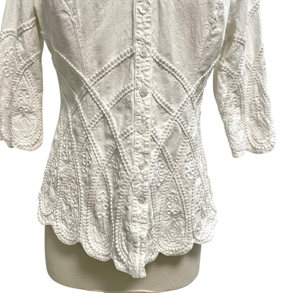 GRETTY ZUEGER Embroidered Corded Scalloped Hem Blouse Top White size Large - Picture 2 of 8